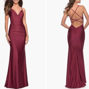 La Femme Burgundy Strappy Back Ruched Trumpet Gown Size 4